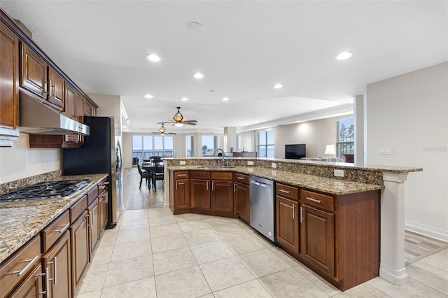 kitchen with appliances with stainless steel finishes, a wealth of natural light, a sink, and under cabinet range hood