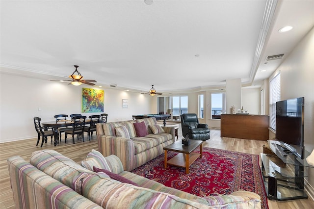 living room featuring ceiling fan, light wood-style flooring, billiards, and visible vents