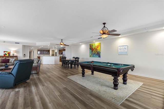 recreation room featuring billiards, wood finished floors, a ceiling fan, and recessed lighting