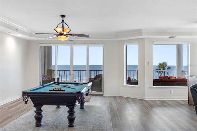 rec room with billiards, baseboards, wood finished floors, and crown molding