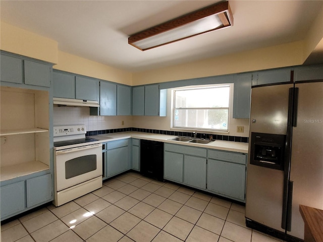 kitchen with dishwasher, sink, stainless steel fridge, light tile patterned floors, and white range with electric cooktop