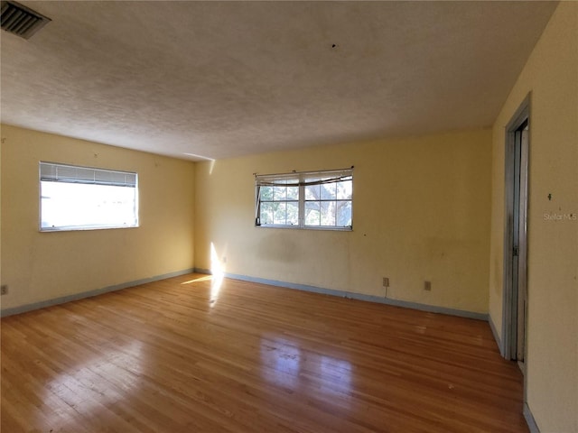 empty room featuring a wealth of natural light, a textured ceiling, and light hardwood / wood-style floors