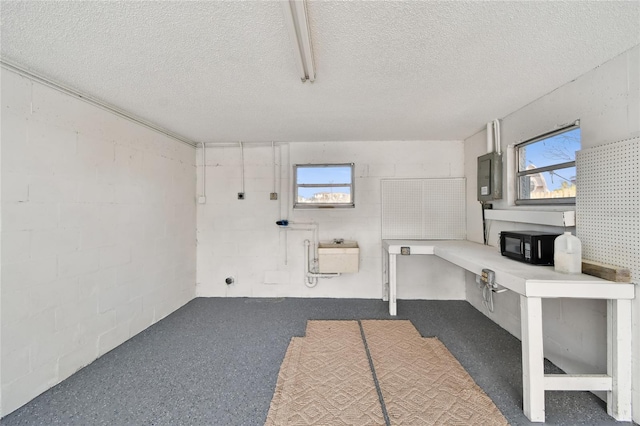 basement with electric panel and a textured ceiling