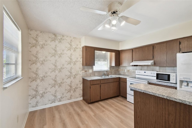 kitchen featuring ceiling fan, sink, white appliances, a textured ceiling, and light hardwood / wood-style floors