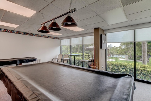 recreation room with floor to ceiling windows, plenty of natural light, a paneled ceiling, and carpet flooring