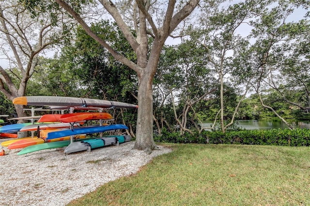 view of yard with a water view