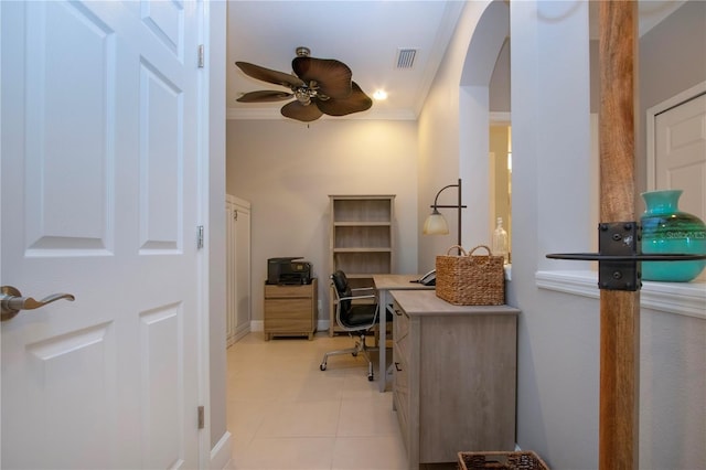 tiled office space with crown molding and ceiling fan