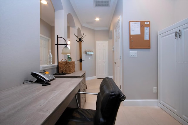 tiled office with ornamental molding