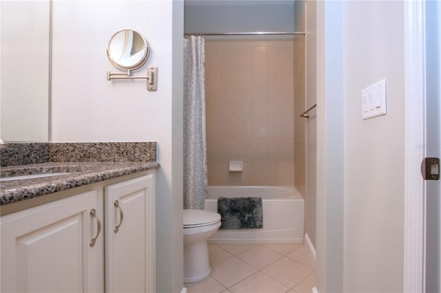 full bathroom featuring toilet, tile patterned floors, shower / bathtub combination with curtain, and vanity