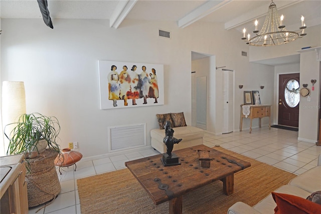 tiled living room featuring lofted ceiling with beams and a chandelier