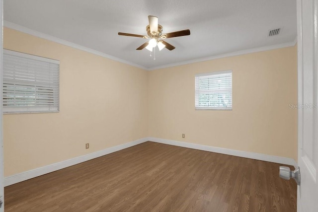 unfurnished room with crown molding, ceiling fan, and hardwood / wood-style floors