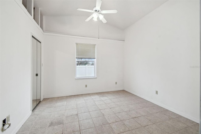 unfurnished room featuring high vaulted ceiling and ceiling fan