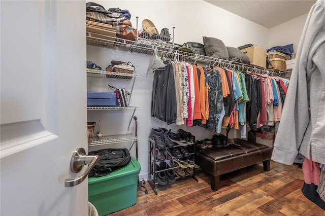 spacious closet with dark wood-type flooring