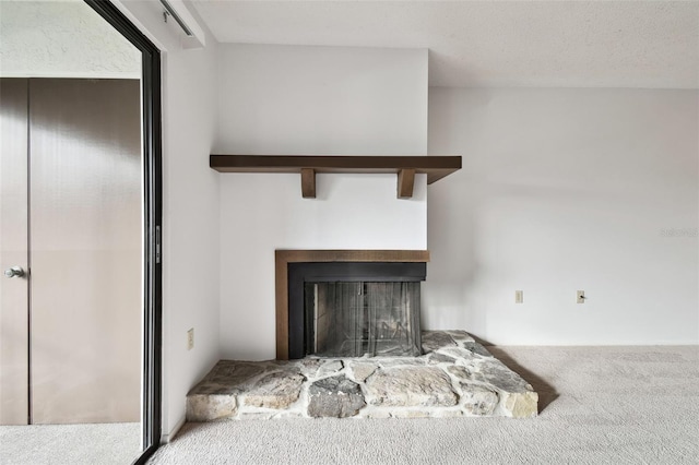 details with a multi sided fireplace, carpet flooring, and a textured ceiling