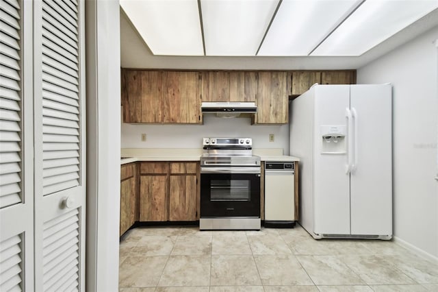 kitchen with stainless steel range with electric stovetop, white fridge with ice dispenser, and light tile patterned flooring