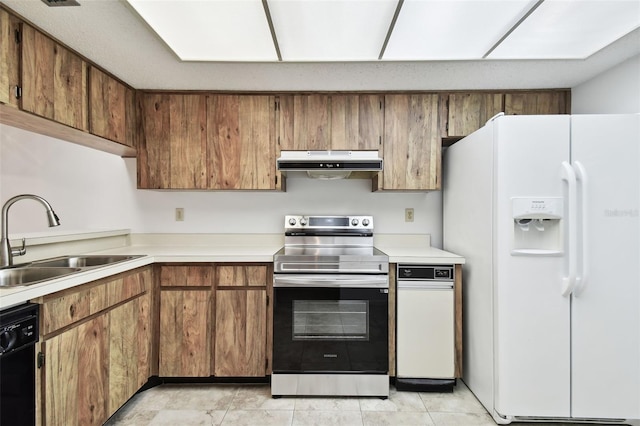 kitchen with light tile patterned flooring, dishwasher, sink, stainless steel range with electric cooktop, and white refrigerator with ice dispenser