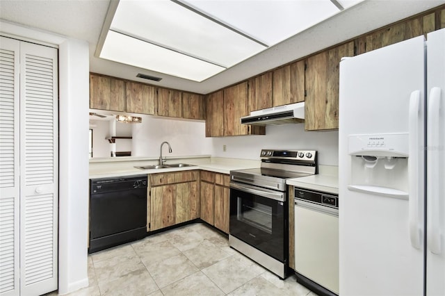 kitchen featuring sink, light tile patterned floors, dishwasher, white refrigerator with ice dispenser, and stainless steel range with electric cooktop