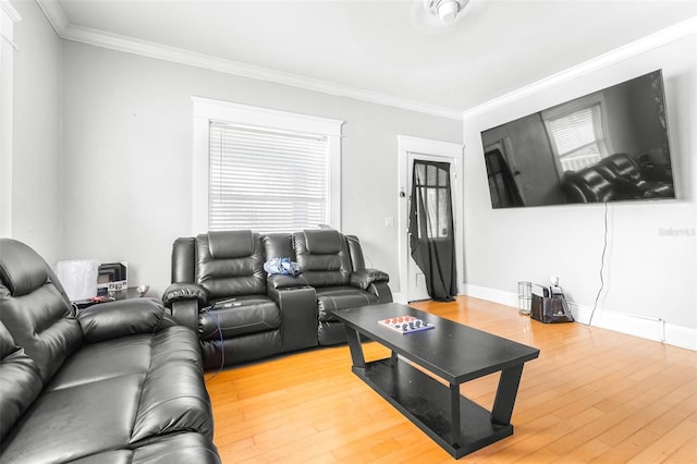 living room with wood-type flooring and ornamental molding