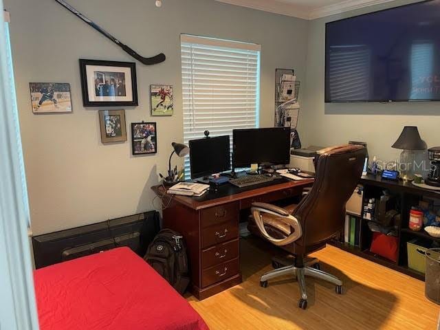 office space with crown molding and hardwood / wood-style flooring