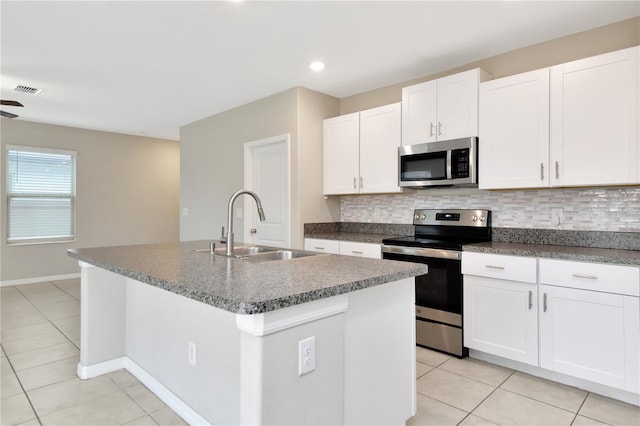 kitchen with white cabinetry, sink, decorative backsplash, a kitchen island with sink, and stainless steel appliances