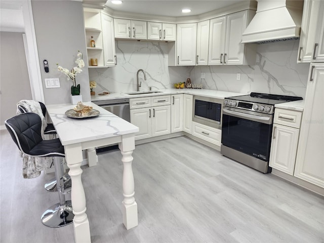 kitchen with premium range hood, appliances with stainless steel finishes, sink, and decorative backsplash