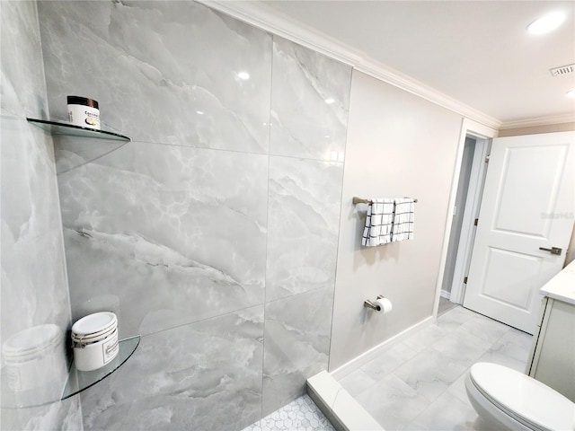 bathroom featuring crown molding, toilet, marble finish floor, vanity, and a shower