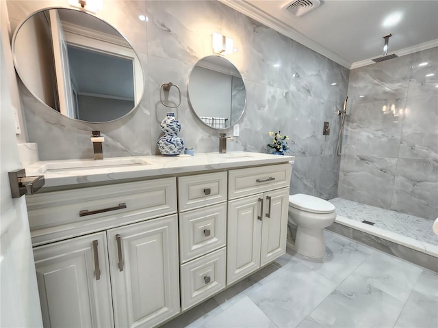 bathroom with walk in shower, toilet, crown molding, tile walls, and vanity