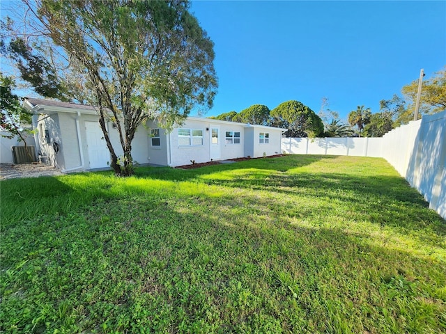 view of yard featuring central air condition unit and a fenced backyard