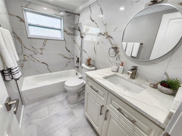 bathroom featuring tub / shower combination, toilet, ornamental molding, marble finish floor, and vanity