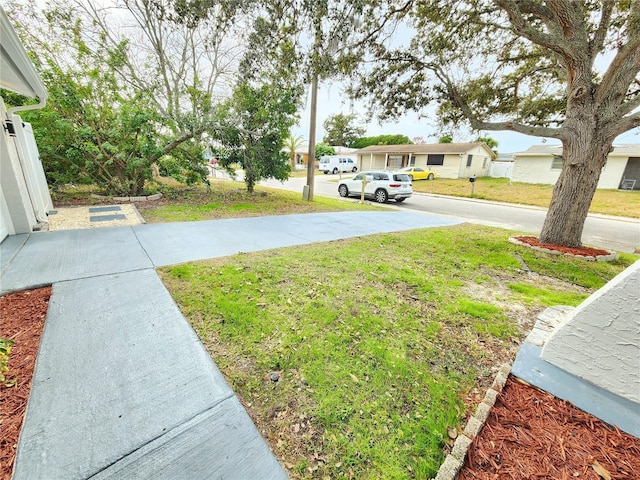 view of yard featuring a residential view and concrete driveway