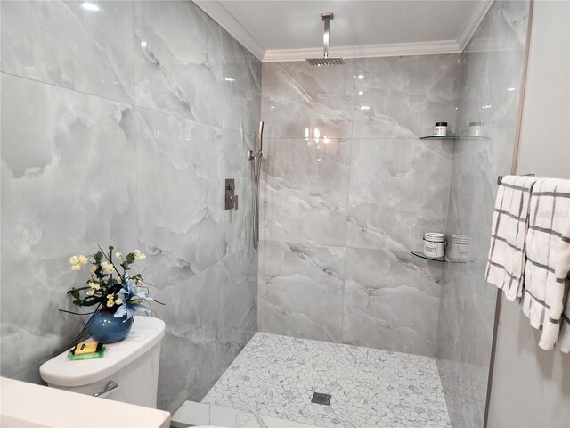 9334 Ledgestone Ln, Port Richey, FL 34668 - full bathroom with toilet, tile walls, ornamental molding, and a marble finish shower