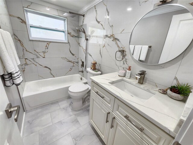 9334 Ledgestone Ln, Port Richey, FL 34668 - bathroom featuring vanity, shower / washtub combination, crown molding, toilet, and marble finish floor