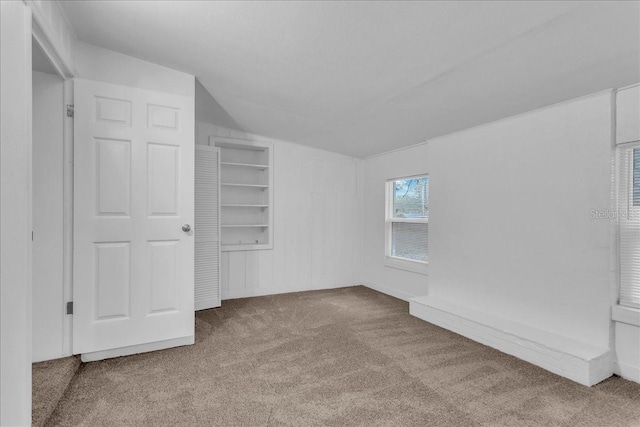 interior space with light carpet and lofted ceiling