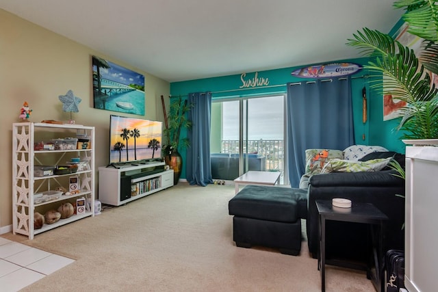 living area featuring carpet flooring