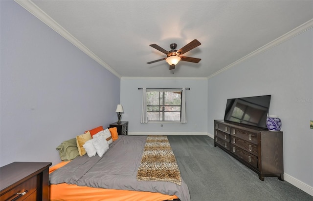 carpeted bedroom featuring ceiling fan and ornamental molding