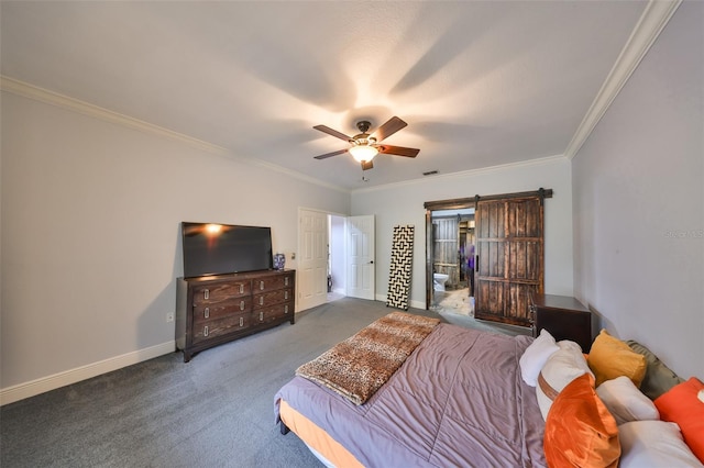 carpeted bedroom featuring ceiling fan, ornamental molding, and a barn door