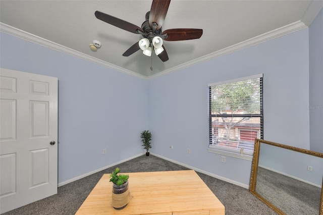 interior space with ceiling fan and crown molding