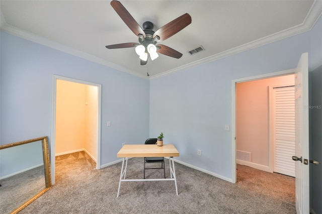 carpeted office with ceiling fan and ornamental molding