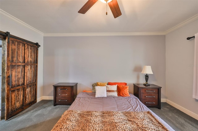 2160 Chianti Pl Unit 11-0117, Palm Harbor, FL 34683 - bedroom featuring baseboards, dark carpet, ornamental molding, and a barn door