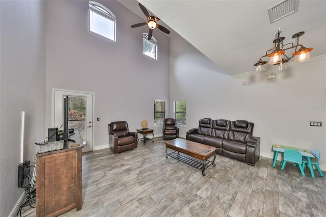2160 Chianti Pl Unit 11-0117, Palm Harbor, FL 34683 - living area featuring wood finished floors, visible vents, baseboards, high vaulted ceiling, and ceiling fan