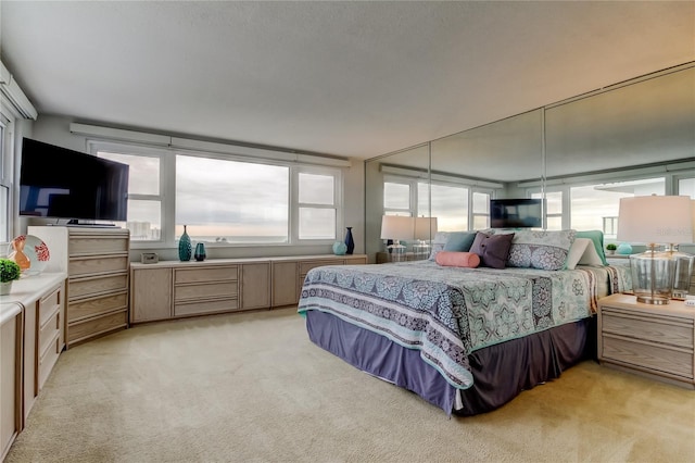 bedroom with light colored carpet