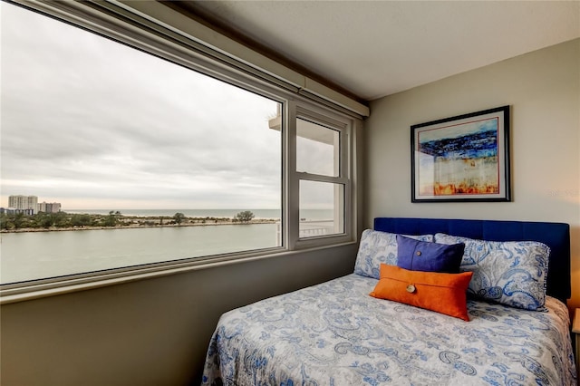 bedroom featuring a water view