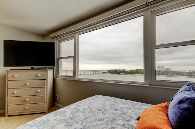 bedroom with a water view, lofted ceiling, and multiple windows