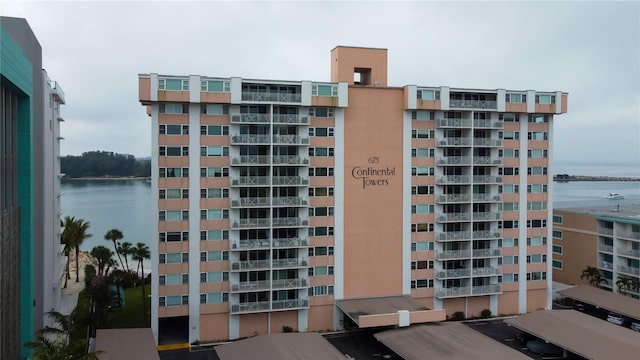 view of building exterior featuring a water view