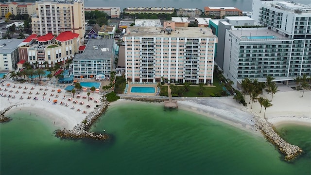 aerial view featuring a water view and a view of the beach