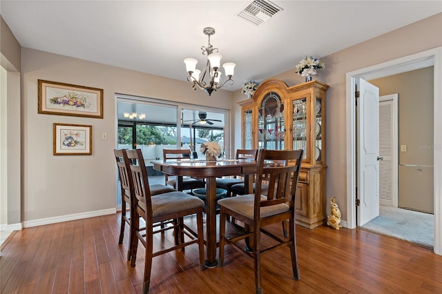 dining space featuring dark wood-type flooring and a chandelier