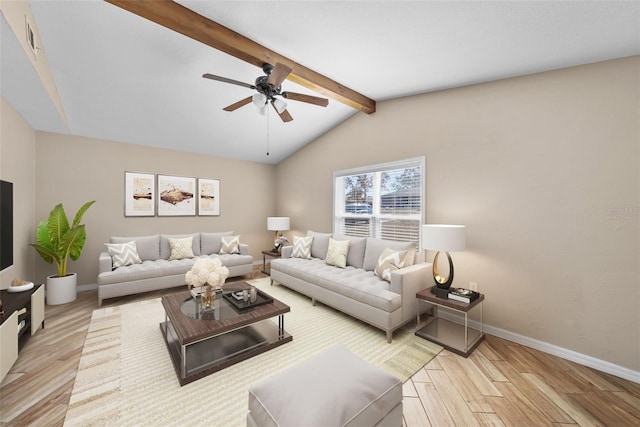 living room featuring wood finished floors, a ceiling fan, baseboards, and vaulted ceiling with beams