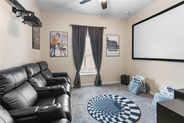 cinema featuring carpet floors and ceiling fan