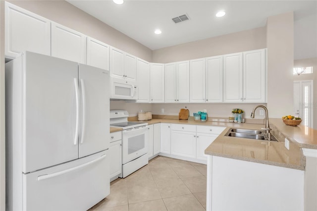 kitchen with sink, white cabinets, light tile patterned floors, kitchen peninsula, and white appliances