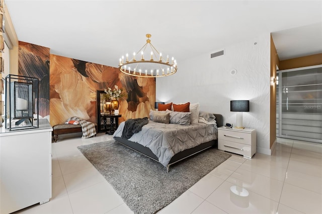 tiled bedroom featuring wood walls and an inviting chandelier